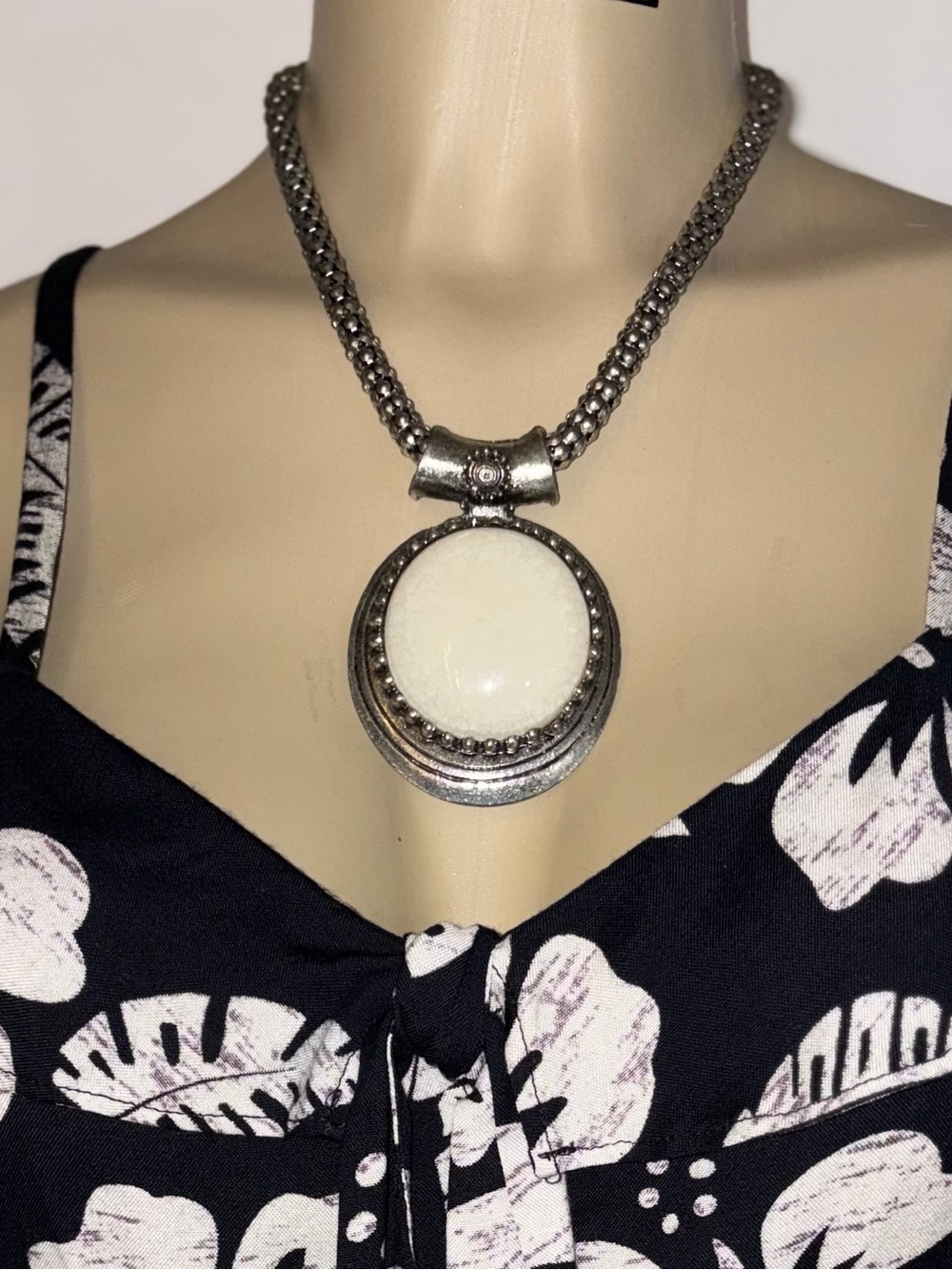 Vintage Silver Tone Large Round White Cabochon Statement Pendant Necklace